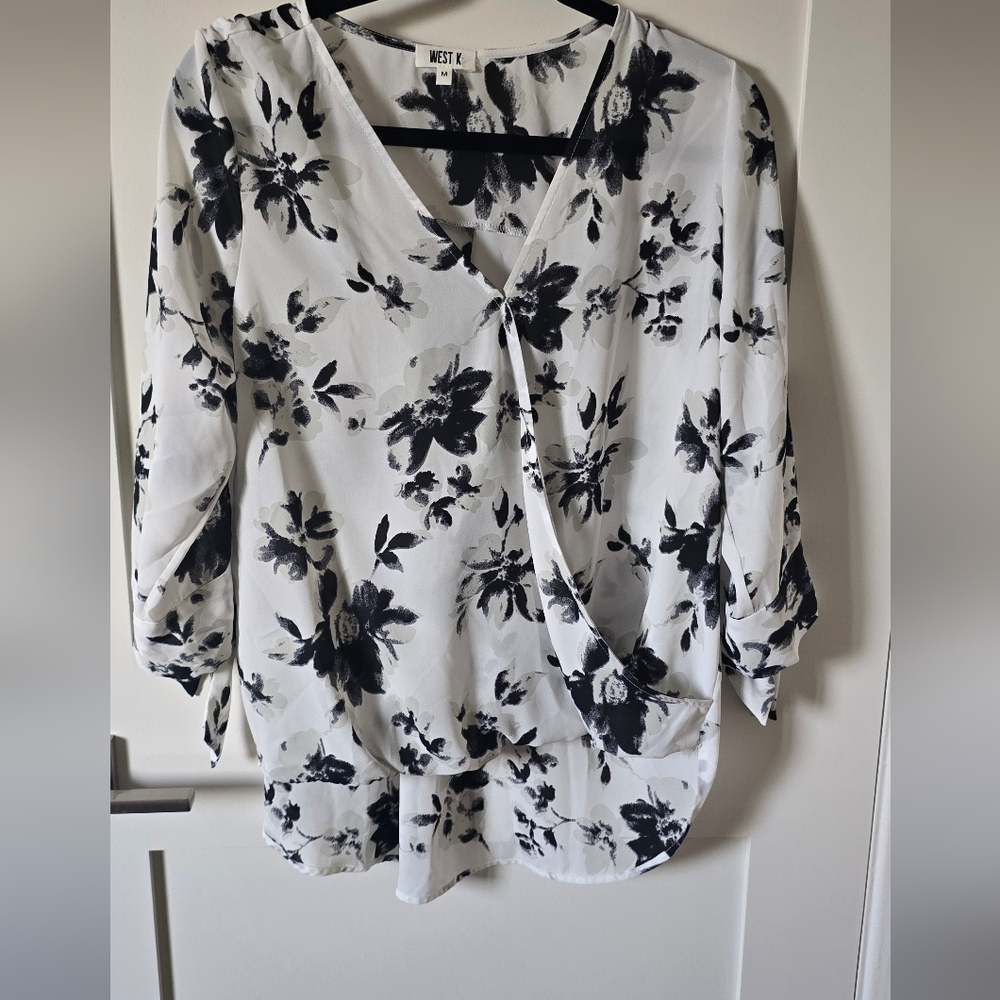 Women's Black & White Floral Wrap Blouse